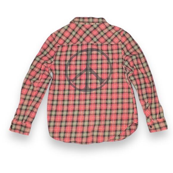 Junkfood Pink Green Plaid Peace Sign Button Down Shirt Medium - Picture 4 of 4